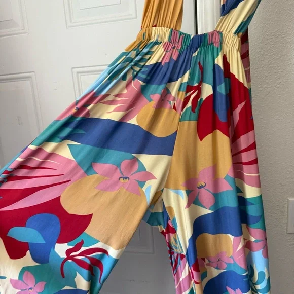 NWT ELF HANDMADE multicolor‎ floral tropical halter neck backless rayon jumpsuit